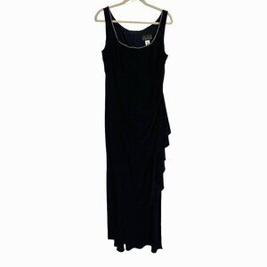 Alex Evenings 16 Long Maxi Dress Navy Blue Ruched Sleeveless Embellished Formal